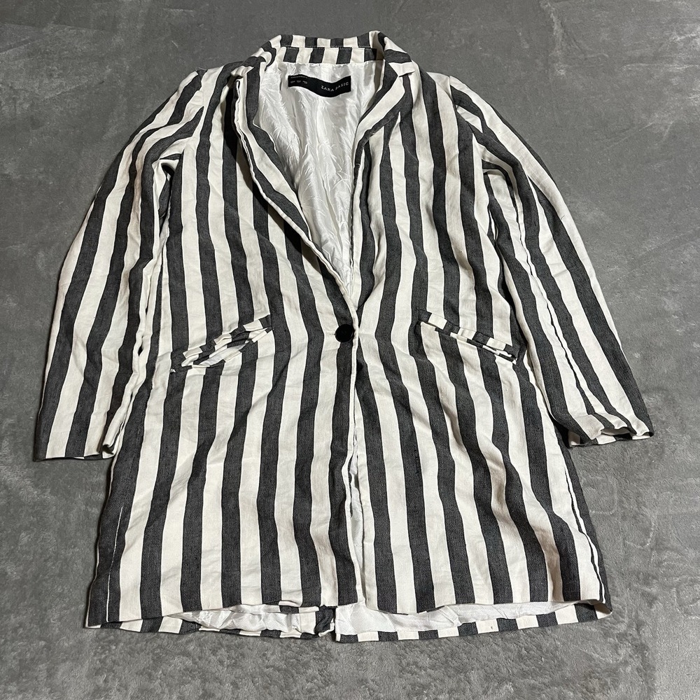 ZARA Linen Stripe Long Blazer Womens XS Black White Career Office‎